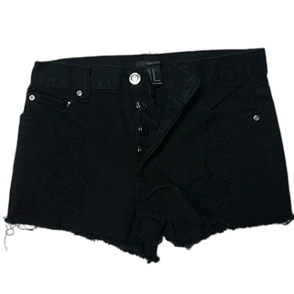 Forever 21 Distressed Frayed Black 4 Button Up Closure Shorts Size 24 - Picture 1 of 5